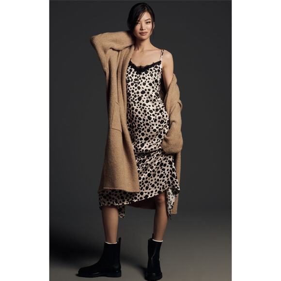 Anthropologie NWT V-Neck Open Back Animal Print Black And White Slip Midi Dress - Picture 2 of 9